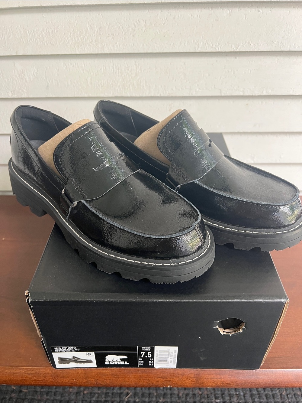 Sorel Black Patent Leather Lug-Sole Penny Loafers